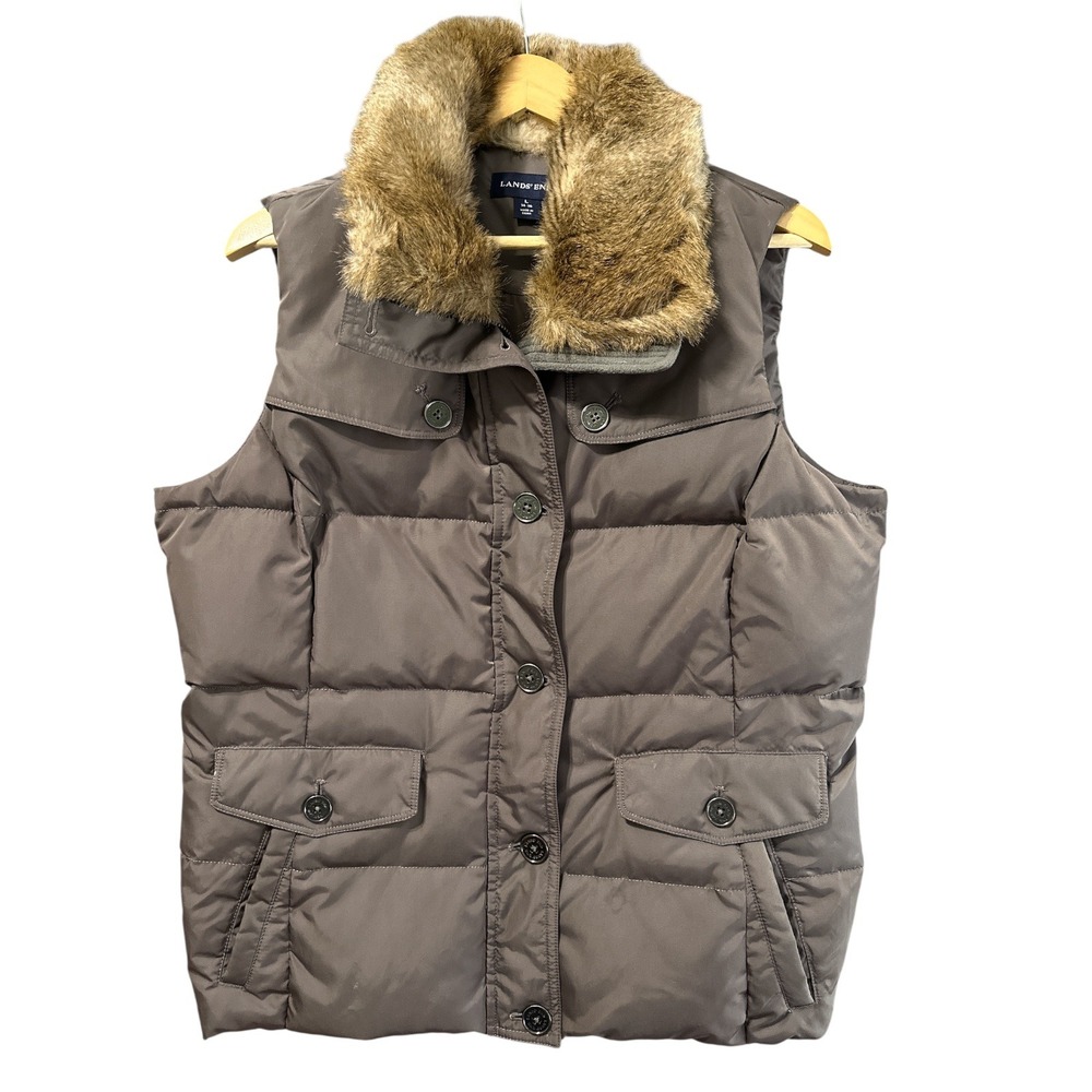 Lands' End Puffer Vest Women L Brown Faux Fur Collar Down Fill Quilted Button Up